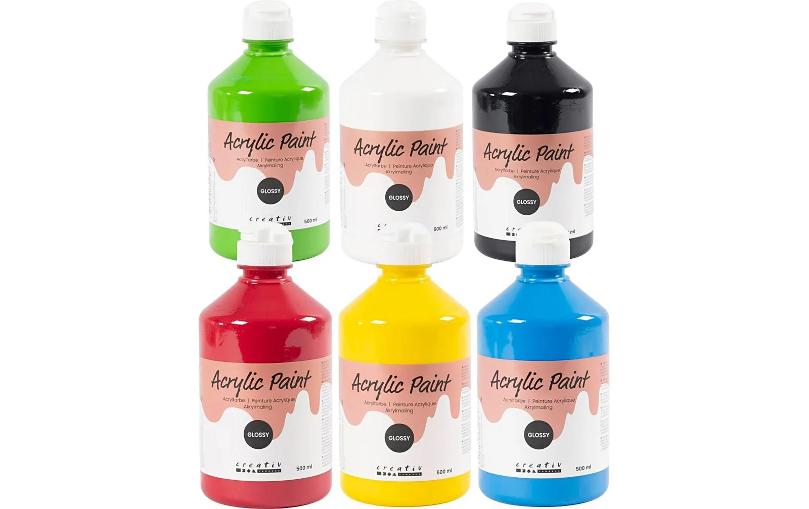 Creativ Company Acrylfarbe, glänzend, Primärfarben, 6 x 500 ml/ 1 Pck