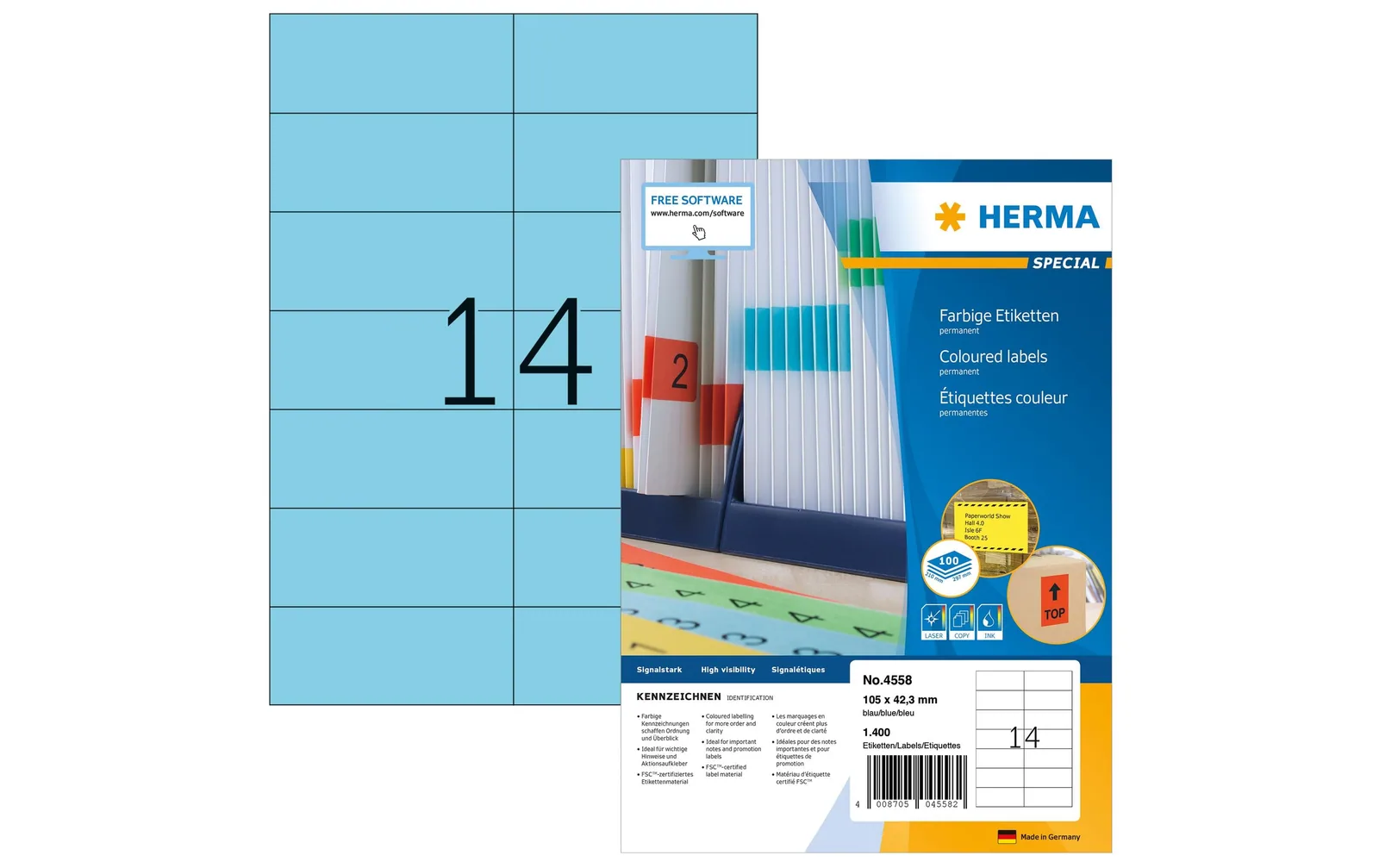 HERMA Farbige Etiketten A4, 105 x 42,3 mm, blau, 1400 Etiketten