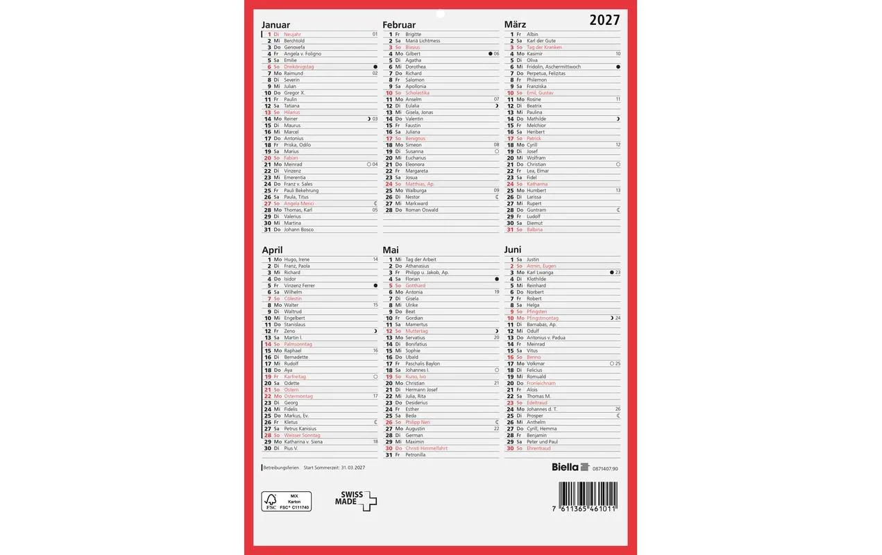 Biella Tafelkalender Karton weiss/rot gelocht 2027