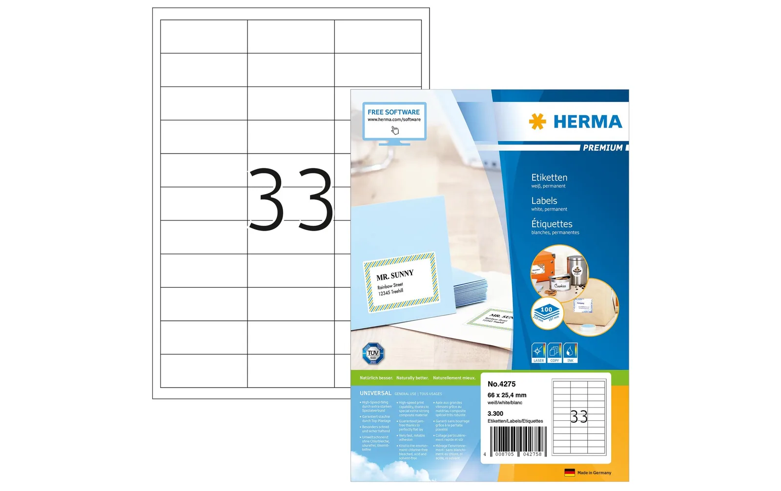 HERMA Premium Etiketten A4, 66 x 25,4 mm, weiss, 3300 Etiketten