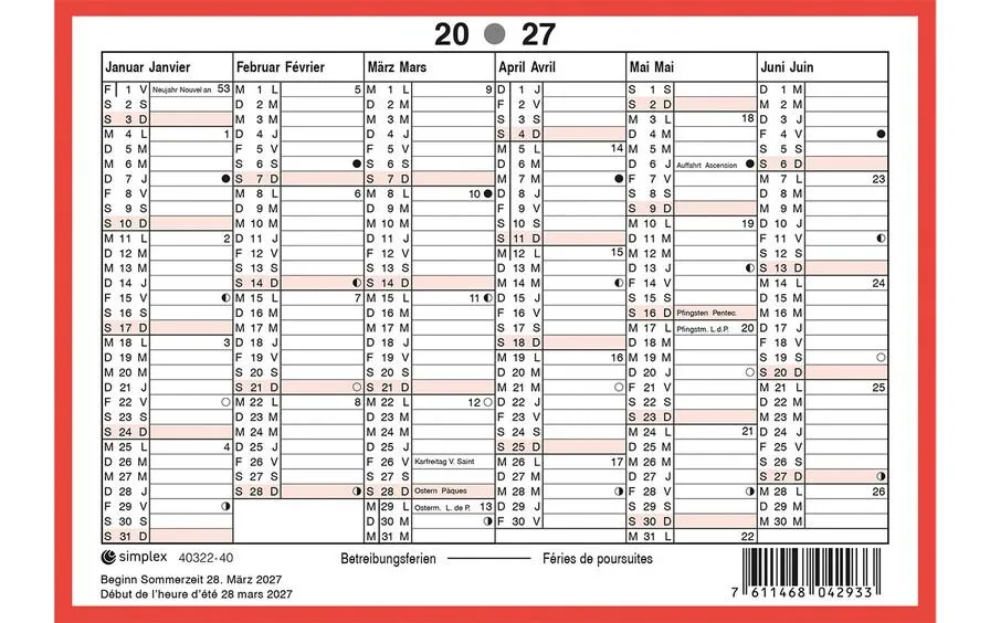 Simplex Tafelkalender 2027 A6 Querformat, D/F, Weiss/Rot