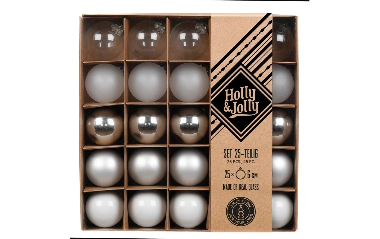 Holly & Jolly Weihnachtskugel 6 cm Silber, 25 Stück