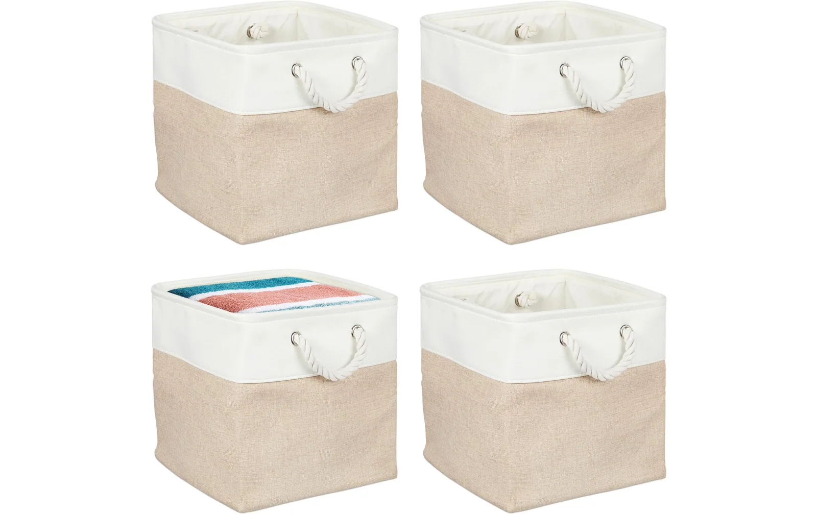 relaxdays Aufbewahrungsbox Leinen 4 Stück, Beige/Weiss