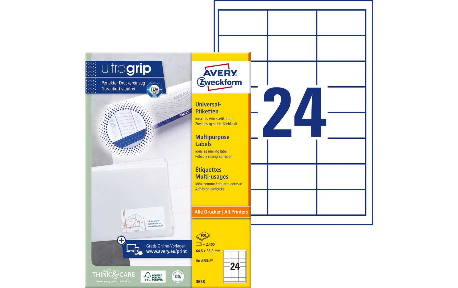 Avery Zweckform Universal-Etiketten 3658 64.6 x 33.8 mm, 100 Blatt