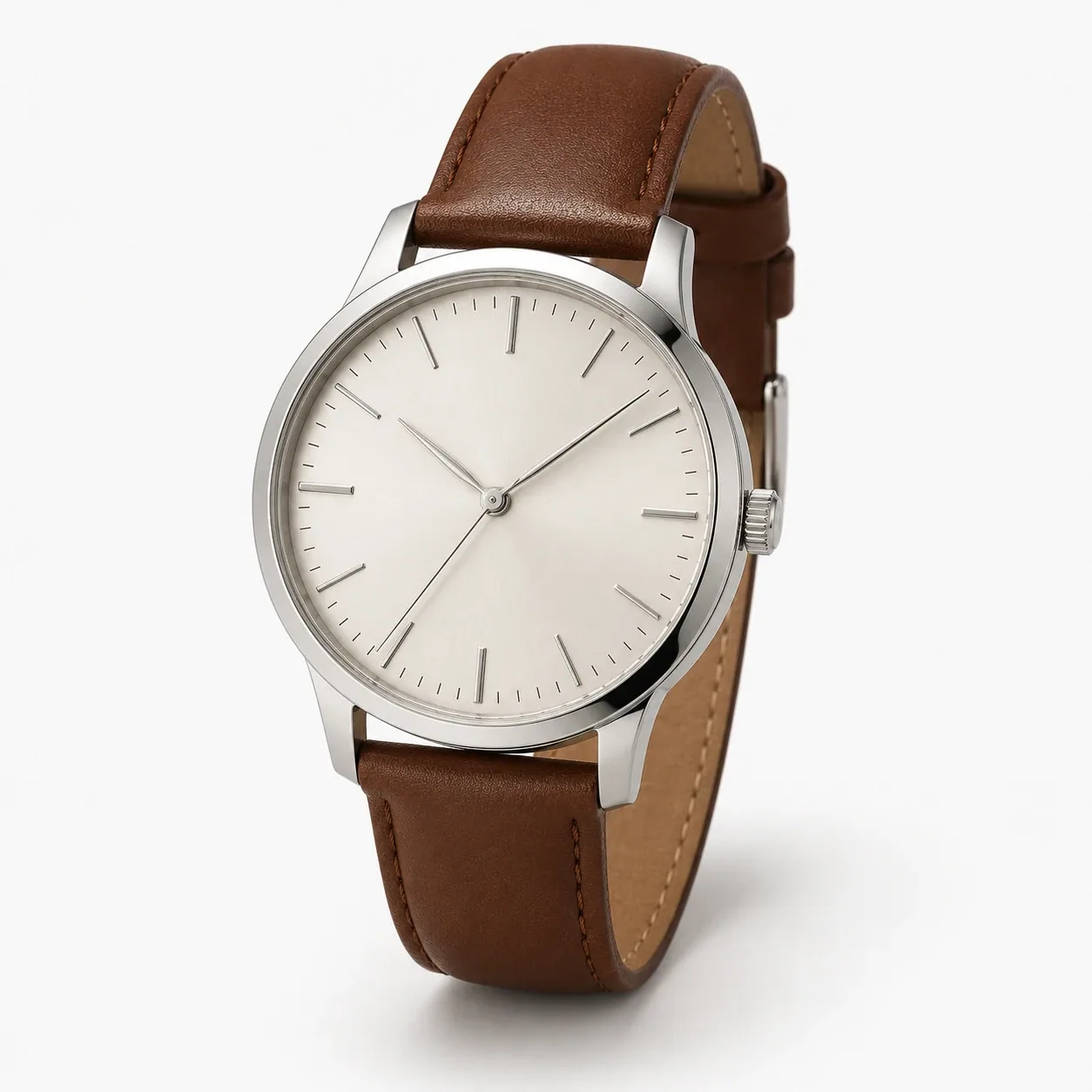 Armbanduhr mit braunem Lederband – Ansicht 1