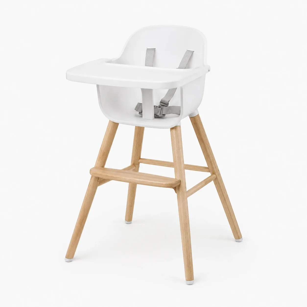 White baby high chair with wooden legs – view 1