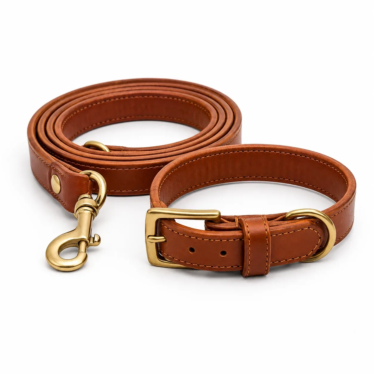 Leder-Halsband- und Leinen-Set cognac Premium – Ansicht 1