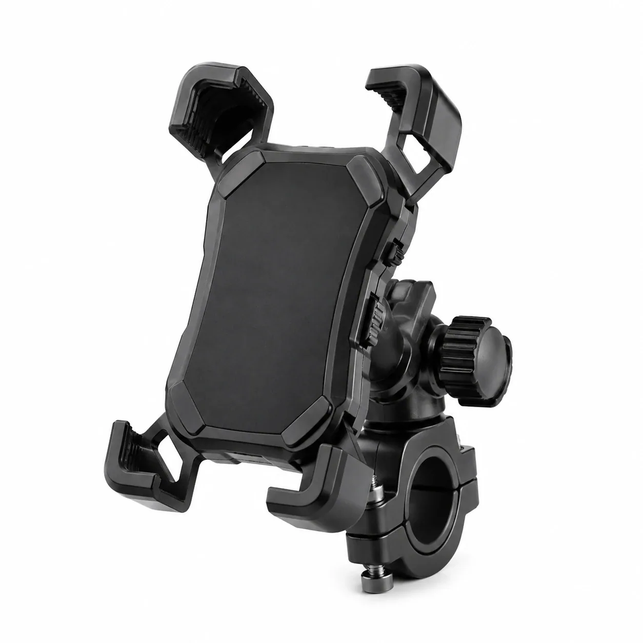 Black motorcycle handlebar phone mount – view 1